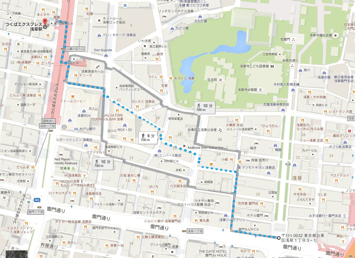 「つくばエクスプレス浅草駅」から浅草寺・雷門までの道順【地図】