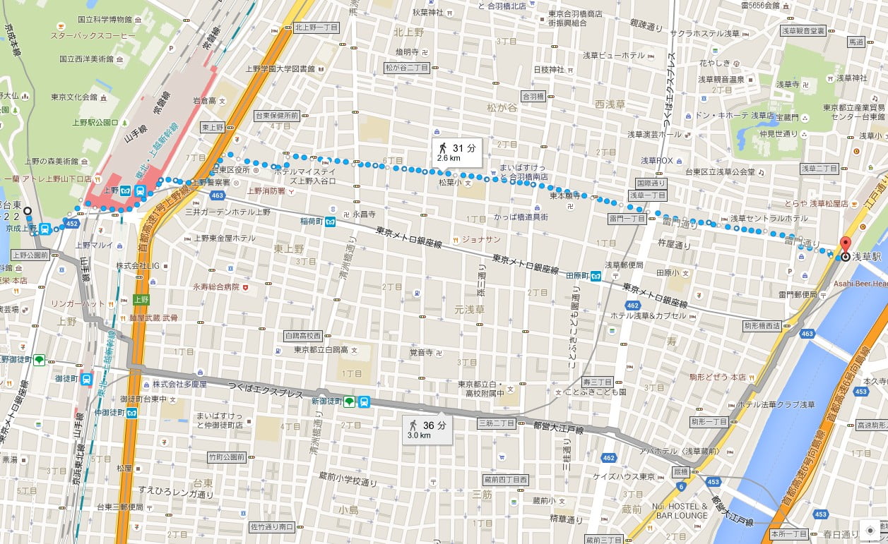 上野動物園(上野駅)から浅草寺(浅草駅)までのアクセス・行き方「徒歩」