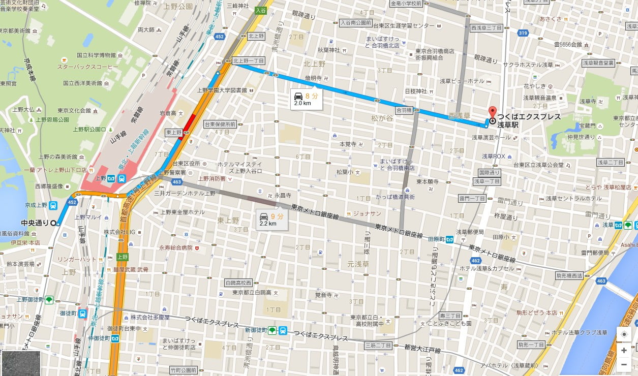 上野駅バス停から1つめの「TX（つくばエクスプレス）浅草駅バス停」で降りて雷門まで6分ほど歩く