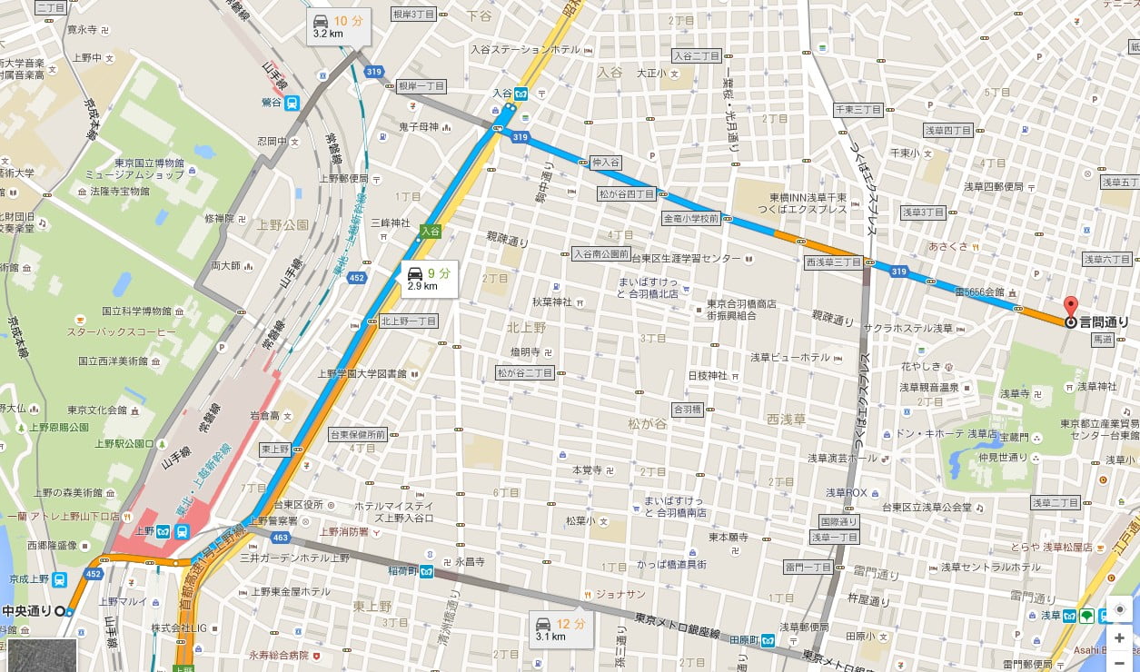 上野駅バス停から1つめの「TX（つくばエクスプレス）浅草駅バス停」で降りて雷門まで6分ほど歩くか、4つ目の「浅草寺北バス停」で降りて、お寺の裏側から境内に入る