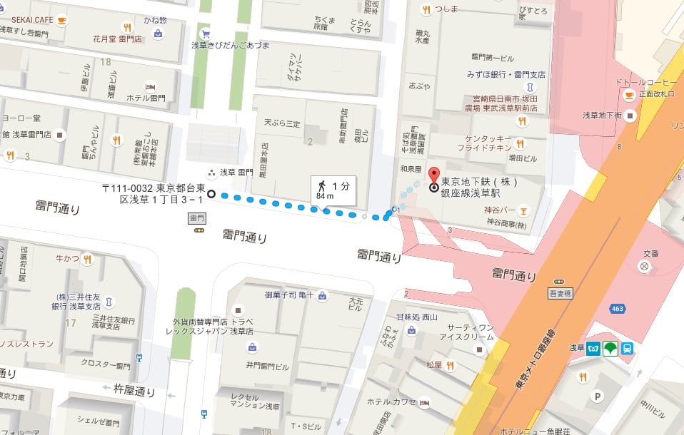 東京メトロ（銀座線）・浅草駅から「浅草寺・雷門」までの道順【地図】